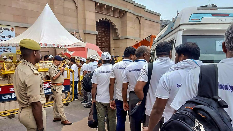 <div class="paragraphs"><p>The Archaeological Survey of India (ASI) team reaches the Gyanvapi Mosque complex amid tight security to conduct the court-mandated exercise to determine if the mosque was built over a temple, in Varanasi, Thursday, Aug. 10, 2023. B)</p></div>