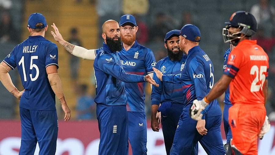 <div class="paragraphs"><p>England bowler Moeen Ali celebrates the wicket of Netherlands batter Scott Edwards during the ICC Men's Cricket World Cup 2023 match between England and Netherlands.</p></div>