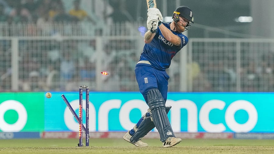 <div class="paragraphs"><p>England's Ben Stokes being bowled by Pakistan's Shaheen Shah Afridi during the ICC Men's Cricket World Cup 2023 match between England and Pakistan, at the Eden Gardens, in Kolkata, Saturday, Nov. 11, 2023. </p></div>
