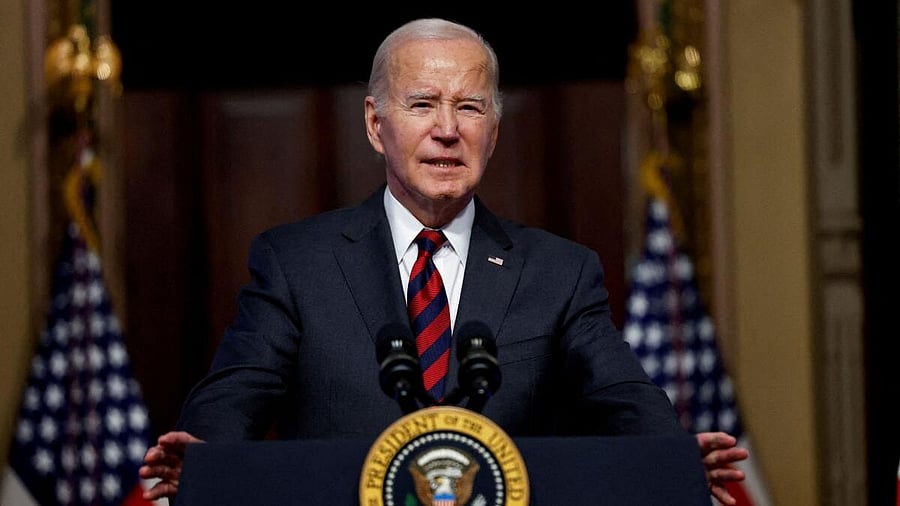 <div class="paragraphs"><p>US President Joe Biden speaks In the Indian Treaty Room of the Eisenhower Executive Office Building at the White House complex in Washington.&nbsp;</p></div>