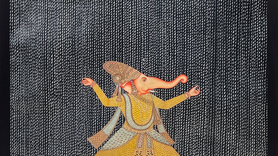 A painting on an internally illuminated leather light box, by artist Riyazuddin.