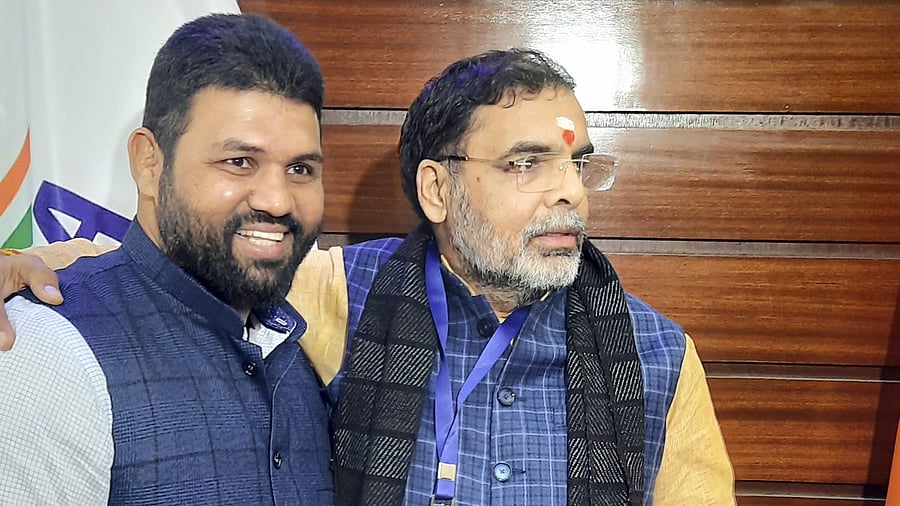 <div class="paragraphs"><p>Wrestling Federation of India (WFI) presidential candidate Sanjay Singh (right) on the day of WFI elections, in New Delhi, Thursday, Dec. 21, 2023. </p></div>