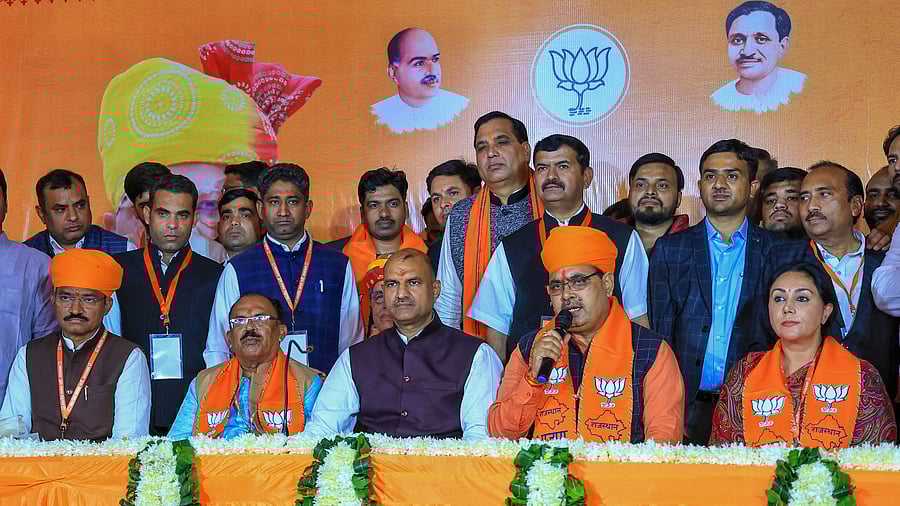 <div class="paragraphs"><p>Newly-elected Rajasthan Chief Minister Bhajan Lal Sharma with his deputies Diya Kumari and Prem Chand Bairwa, newly-elected State Assembly Speaker Vasudev Devnani and Rajasthan BJP President CP Joshi addresses the media during BJP Legislature Party meeting, in Jaipur.&nbsp;</p></div>