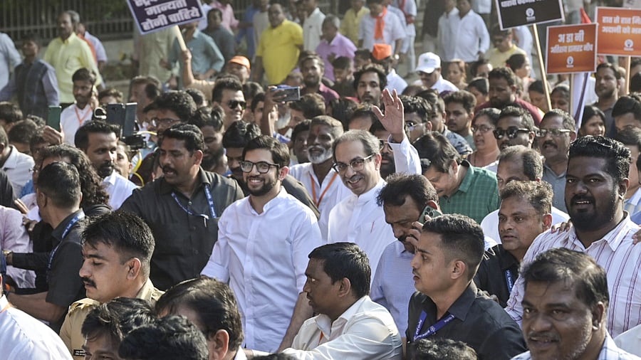 <div class="paragraphs"><p>Mumbai: Shiv Sena (UBT) Chief Uddhav Thackeray and party leader Aaditya Thackeray during a protest march over the Dharavi redevelopment project, in Mumbai, Saturday, Dec. 16, 2023. </p></div>