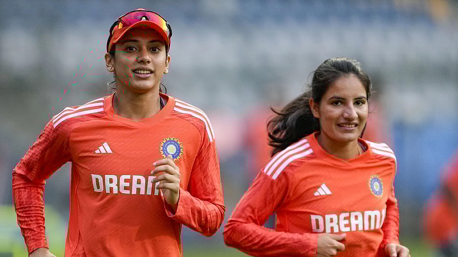 <div class="paragraphs"><p>Smriti Mandhana and Renuka Singh during a practice session ahead of the 1st T20I cricket match between India and England, at Wankhede Stadium, in Mumbai, Tuesday, Dec. 5, 2023. </p></div>