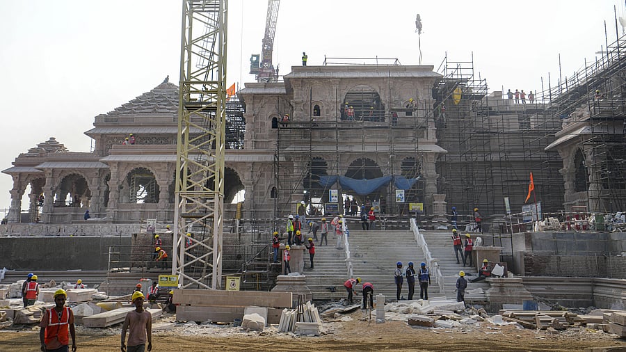 <div class="paragraphs"><p>Under-construction Shri Ram Janmabhoomi temple during a media tour organised by Shri Ram Janmbhoomi Teerth Kshetra, in Ayodhya, Tuesday, Dec. 26, 2023. </p></div>