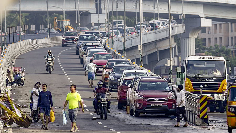 <div class="paragraphs"><p>Vehicles being parked at a flyover amid floods after heavy rainfall in the aftermath of Cyclone Michaung, in Chennai. </p></div>