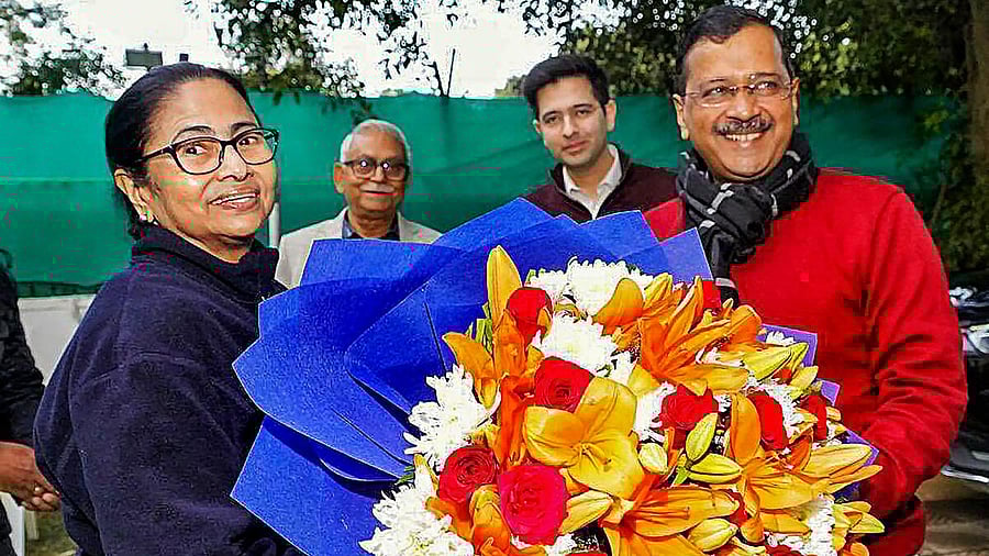 <div class="paragraphs"><p>West Bengal Chief Minister Mamata Banerjee and Delhi CM Arvind Kejriwal, in New Delhi, Monday, Dec. 18, 2023. AAP MP Raghav Chadha is also seen.</p></div>