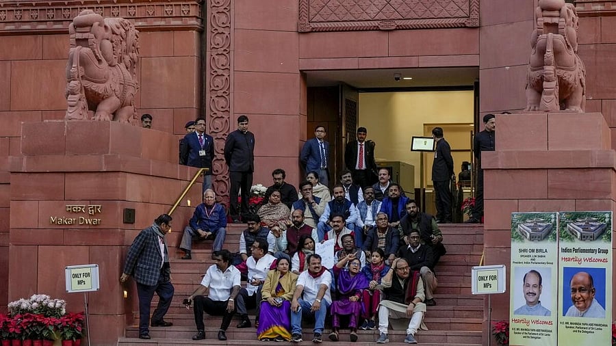 <div class="paragraphs"><p>Suspended Opposition MPs protest during the Winter session of Parliament, in New Delhi, Monday, Dec. 18, 2023.</p></div>