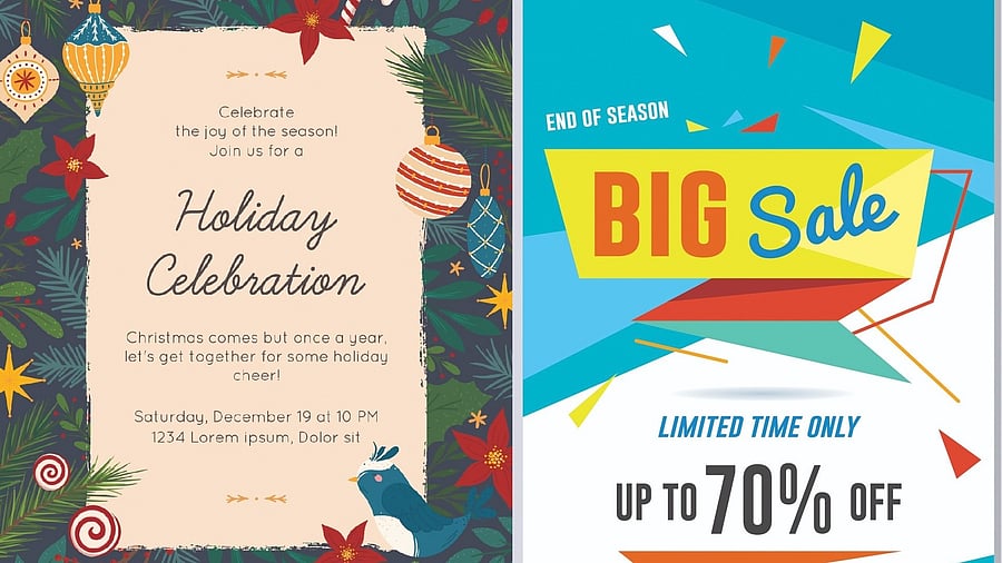 Red, green, white, gold and silver are go-to colours for holiday party posters. (Right) Title of the poster should be in the largest font.