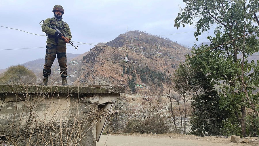 <div class="paragraphs"><p>An Army personnel during a cordon and search operation after the recent ambush on two Army vehicles that left five soldiers dead, in Poonch district. </p></div>