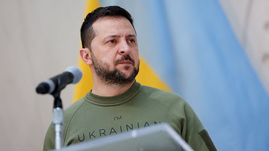 <div class="paragraphs"><p>Ukraine's President Volodymyr Zelenskiy speaks to the press following a meeting with International Monetary Fund Managing Director Kristalina Georgieva at the IMF in Washington.</p></div>