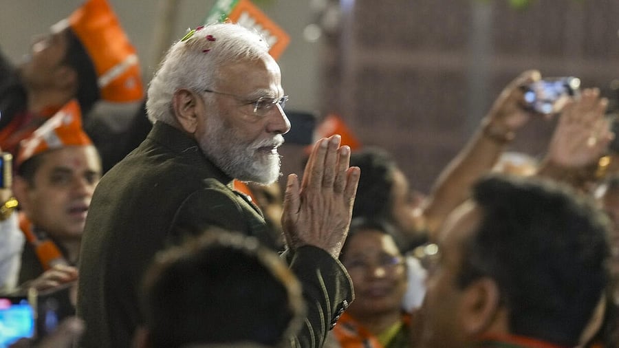 <div class="paragraphs"><p>PM Modi  arrives to attend celebrations at the BJP headquarters after party's victory in elections to the Legislative Assemblies of Madhya Pradesh, Rajasthan and Chhattisgarh in New Delhi. </p></div>