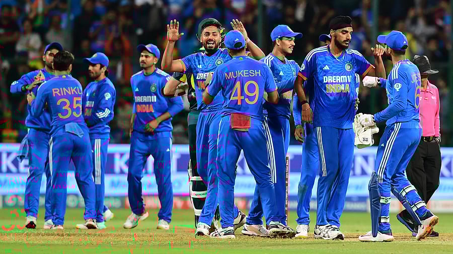 <div class="paragraphs"><p>Indian team players celebrate the win against Australia at Chinnaswamy stadium in Bengaluru on Sunday.&nbsp;</p></div>