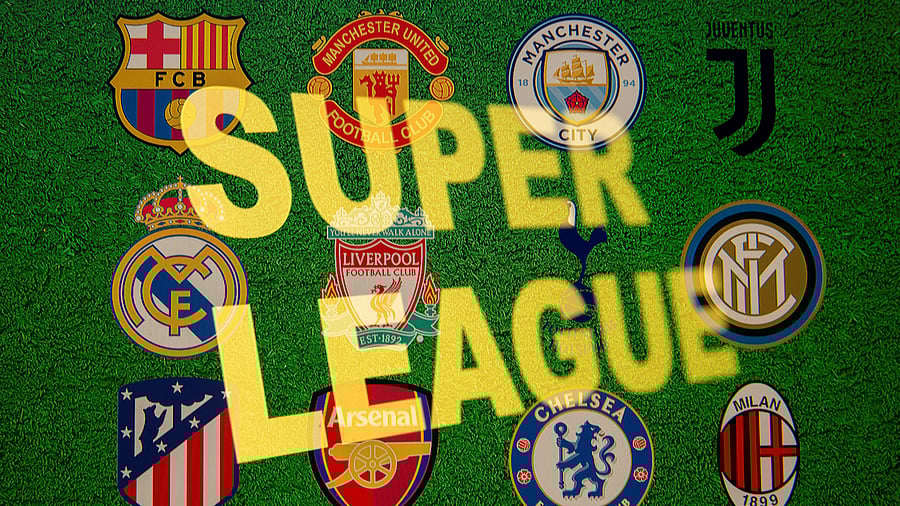 <div class="paragraphs"><p>The words 'Super League'&nbsp;are seen in front of twelve of Europe's top football clubs logos in this illustration.</p></div>