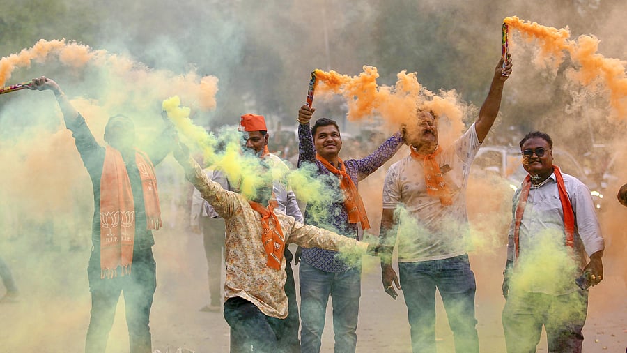 <div class="paragraphs"><p>BJP workers celebrate the party's victory in Madhya Pradesh, Rajasthan and Chhattisgarh. </p></div>