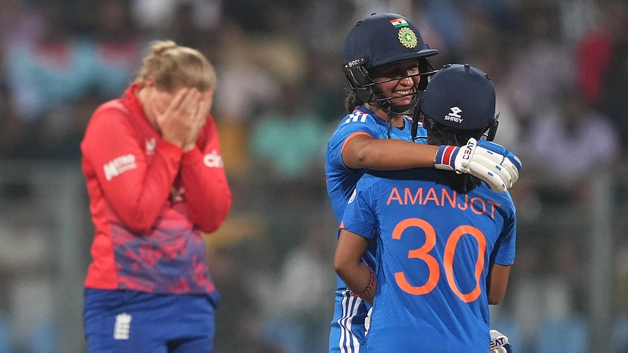 <div class="paragraphs"><p>Mumbai: India's Harmanpreet Kaur and Amanjot Kaur celebrate after winning the 3rd T20I cricket match against England, at Wankhede Stadium, in Mumbai, Sunday, Dec 10, 2023. </p></div>