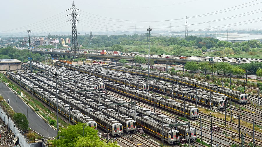 <div class="paragraphs"><p>Metro trains parked at Timarpur Yard.&nbsp;</p></div>