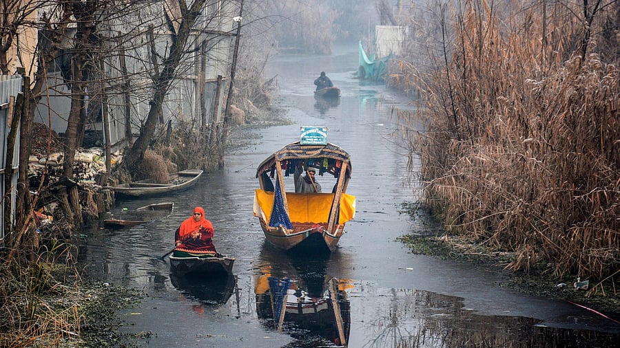<div class="paragraphs"><p> 'Shikara-wallas' row their boats through partially frozen Dal Lake, in Srinagar, Thursday, Dec. 21, 2023.  </p></div>