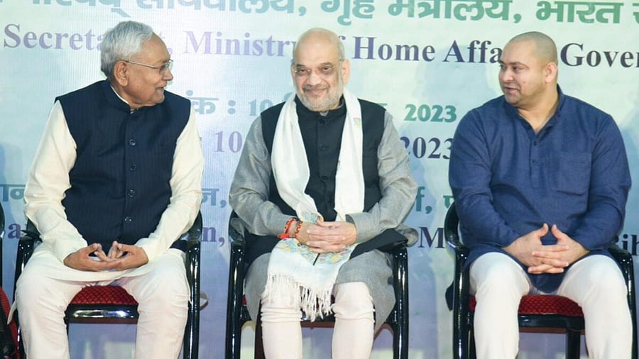 <div class="paragraphs"><p>Union Home Minister Amit Shah with Bihar Chief Minister Nitish Kumar and Deputy Chief Minister Tejashwi Yadav during the 26th Eastern Regional Council meeting, in Patna, Sunday, Dec. 10, 2023.</p></div>