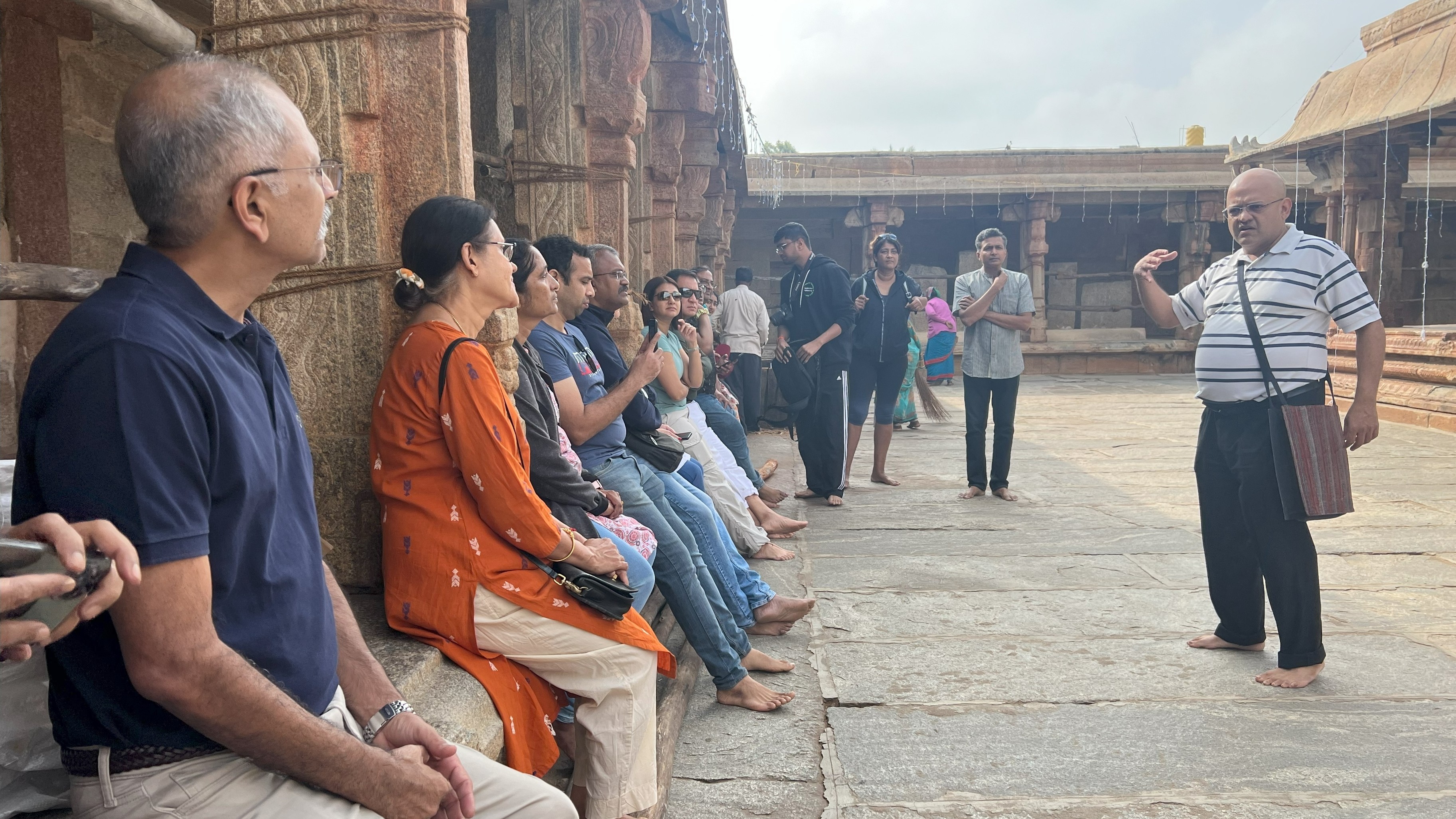 Siddharth Raja (right) addressing the group in front of the Arunachaleshwara shrine on the ‘Nandi Valley Walk’ on Sunday.