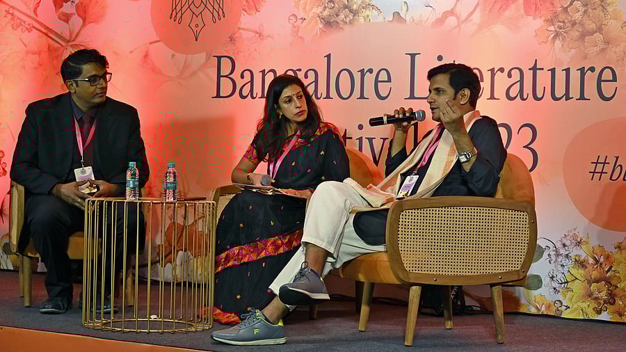 <div class="paragraphs"><p>Author Tuhin Sinha, along with Clark Prasad and Yamini Chaudhury, delves into ‘Celebrating Bharat’s Tribal Warriors’ at the Bangalore Literature Festival on Saturday.  </p></div>