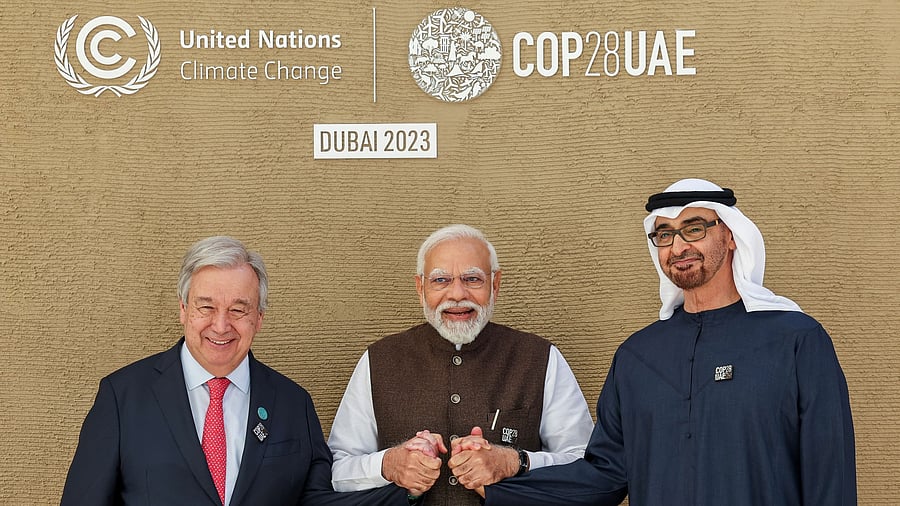 <div class="paragraphs"><p>United Nations Secretary-General Antonio Guterres, India's Prime Minister Narendra Modi and President of the United Arab Emirates Sheikh Mohamed bin Zayed Al Nahyan attend the United Nations Climate Change Conference  at Expo City Dubai, in Dubai, United Arab Emirates.</p></div>