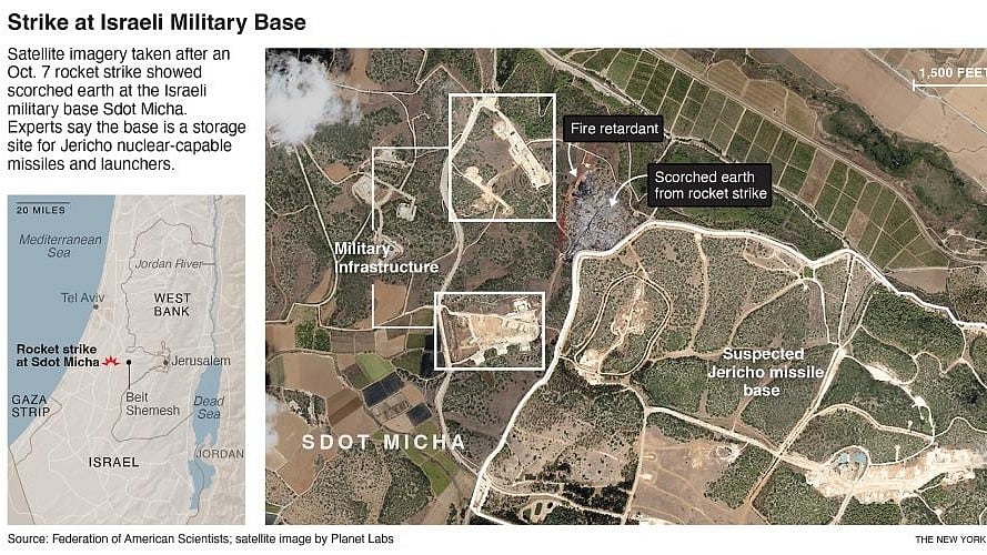 <div class="paragraphs"><p>While the missiles themselves weren’t hit, the rocket’s impact, at the Sdot Micha base in central Israel, sparked a fire that approached missile storage facilities and other sensitive weaponry.</p></div>