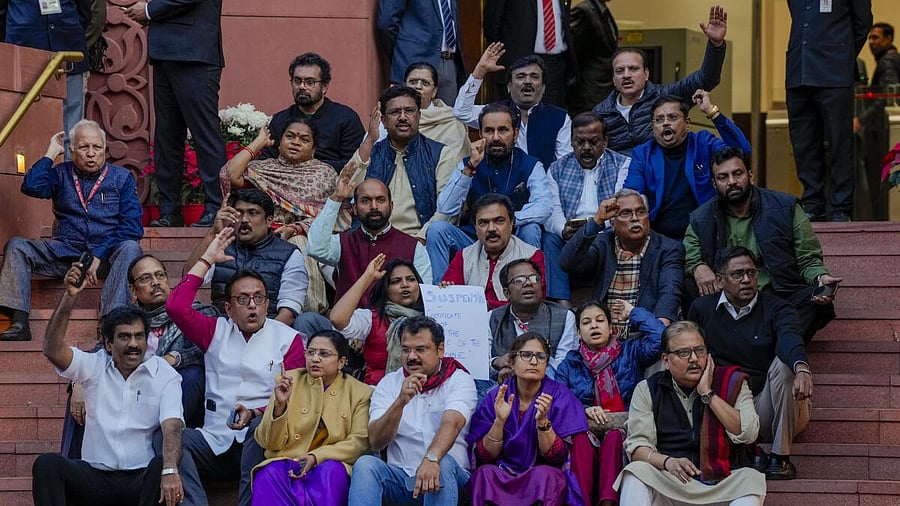<div class="paragraphs"><p>Suspended Opposition MPs protest during the Winter session of Parliament, in New Delhi.</p></div>