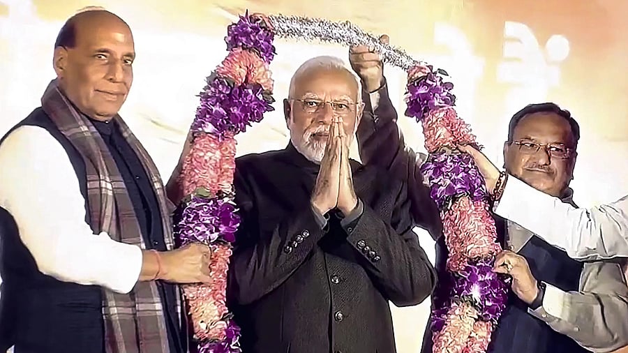 <div class="paragraphs"><p>Prime Minister Narendra Modi with BJP National President J P Nadda and Defence Minister Rajnath Singh during celebrations after the party's victory in elections.</p></div>