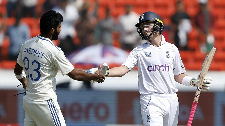 <div class="paragraphs"><p> Jasprit Bumrah shakes hands with England's Ollie Pope</p></div>