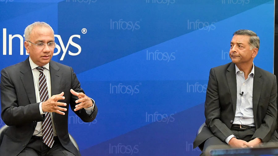 <div class="paragraphs"><p>Infosys CEO Salil Parekh (left) and CFO Nilanjan Roy (right) at Infosys headquarters in Bengaluru on Thursday.</p></div>