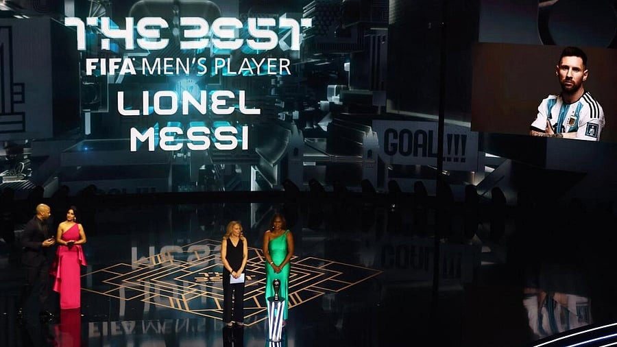 <div class="paragraphs"><p>An image of Inter Miami's Lionel Messi is displayed after he was named best men's player of 2023 during the awards ceremony by former footballer Kristine Lilly and FIFA council member Sonia Fulford.</p></div>