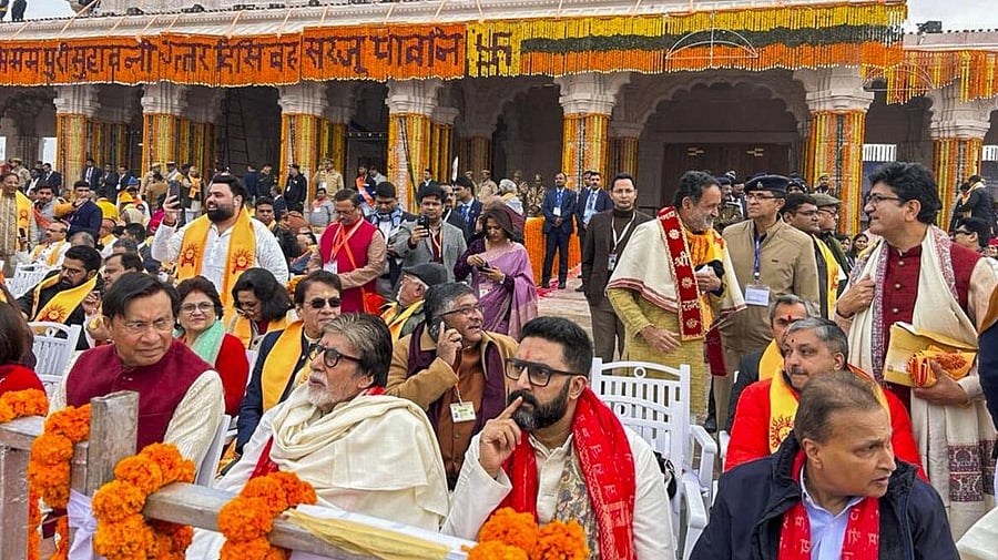 <div class="paragraphs"><p>Bollywood actors Amitabh Bachchan and Abhishek Bachchan, industrialist Anil Ambani and other dignitaries at the Ram Mandir consecration ceremony.</p></div>