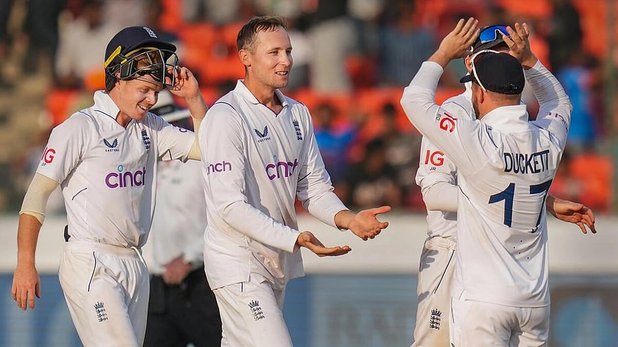 <div class="paragraphs"><p>England's Tom Hartley with teammates celebrates the wicket of R Ashwin during the fourth day of the first Test cricket match between India and England.</p></div>