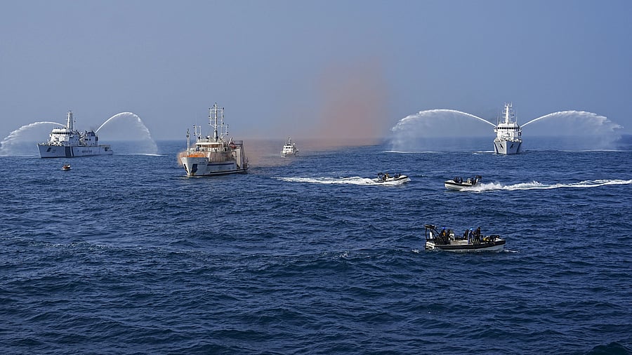 <div class="paragraphs"><p>CheIndian Coast Guard (ICG) ships fire water cannons during a joint exercise between ICG and Japan Coast Guard in the Bay of Bengal, on Friday, Jan. 12, 2024. </p></div>