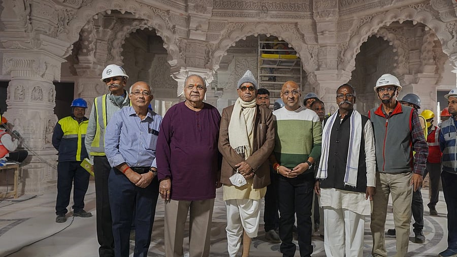 <div class="paragraphs"><p> Chandrakant Sompura, the main architect of Sri Ram Mandir, inspects the construction work along with his team, in Ayodya.</p></div>