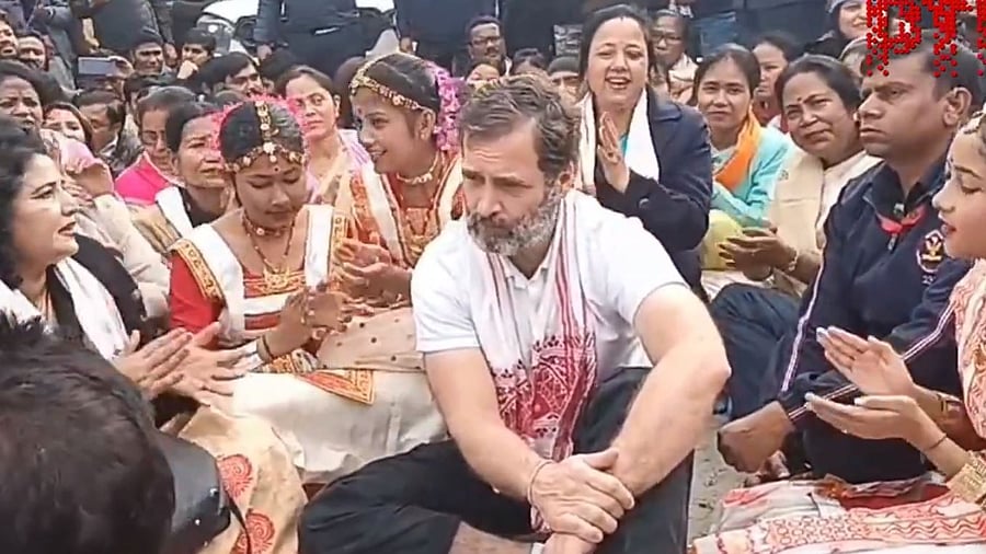 <div class="paragraphs"><p>Rahul Gandhi and other Congress leaders staging a sit-in outside the&nbsp;Batadrava Than holy shrine after he was asked by the temple management to enter the shrine once Ram temple consecration is completed in Ayodhya.</p></div>