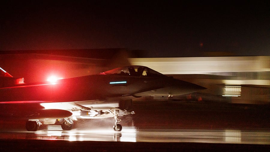 <div class="paragraphs"><p>Royal Air Force Typhoon FGR4 takes off to carry out Air Strikes against Houthi military targets in Yemen, in this undated handout image. </p></div>