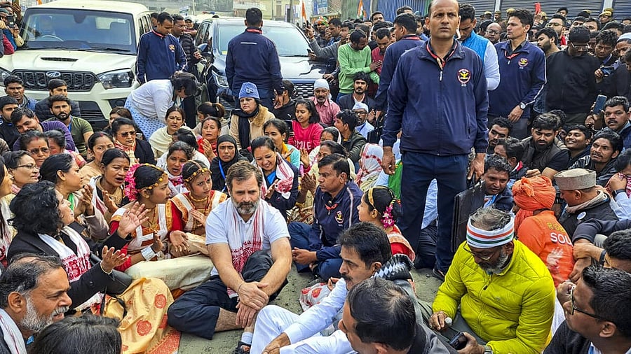 <div class="paragraphs"><p>Congress leader Rahul Gandhi with party leaders and supporters sits in protest after he was not allowed to visit the Sri Sri Sankar Dev Satra during the Bharat Jodo Nyay Yatra, in Nagaon district, Assam.</p></div>