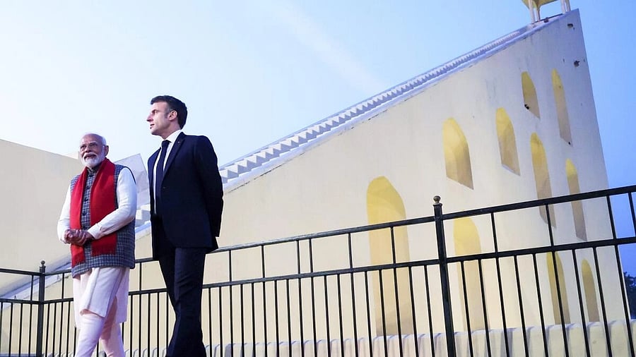 <div class="paragraphs"><p>Prime Minister Narendra Modi with French President Emmanuel Macron visits the Jantar Mantar, in Jaipur.</p></div>