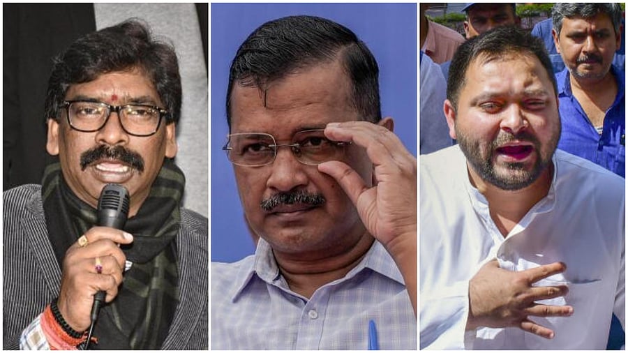 <div class="paragraphs"><p>Hemant Soren (L), Arvind Kejriwal (C) and Tejashwi Yadav (R).</p></div>
