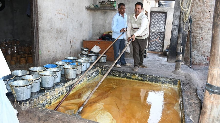 Jaggery production underway at an unit at Sambra near Belagavi.