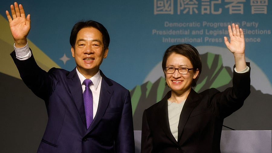<div class="paragraphs"><p>Taiwan President-elect Lai Ching-te, of Democratic Progressive Party's and his running mate Hsiao Bi-khim wave as they hold a press conference, following the victory in the presidential elections, in Taipei, Taiwan January 13, 2024. </p></div>