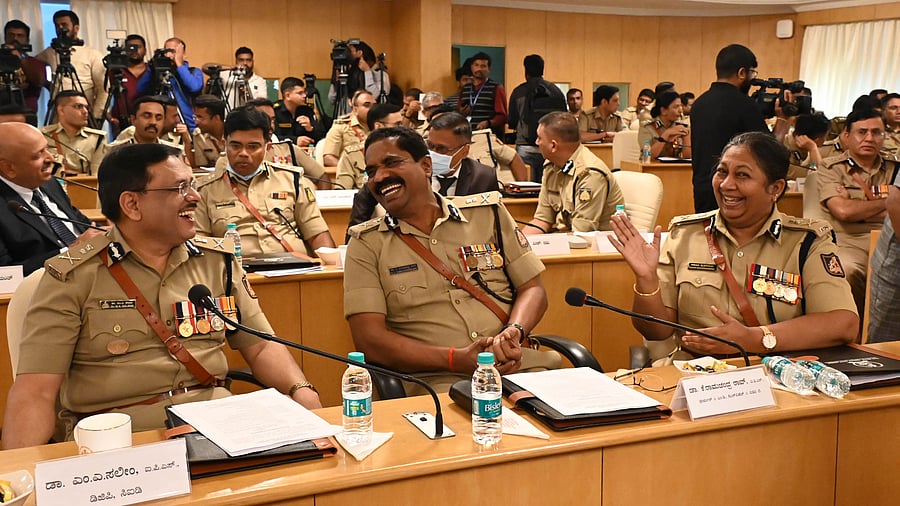 <div class="paragraphs"><p>Senior police officers M A Saleem, K Ramachandra Rao and Malini Krishnamurthy share a lighter moment during the state senior police officers’ conference in Bengaluru on Tuesday. </p></div>