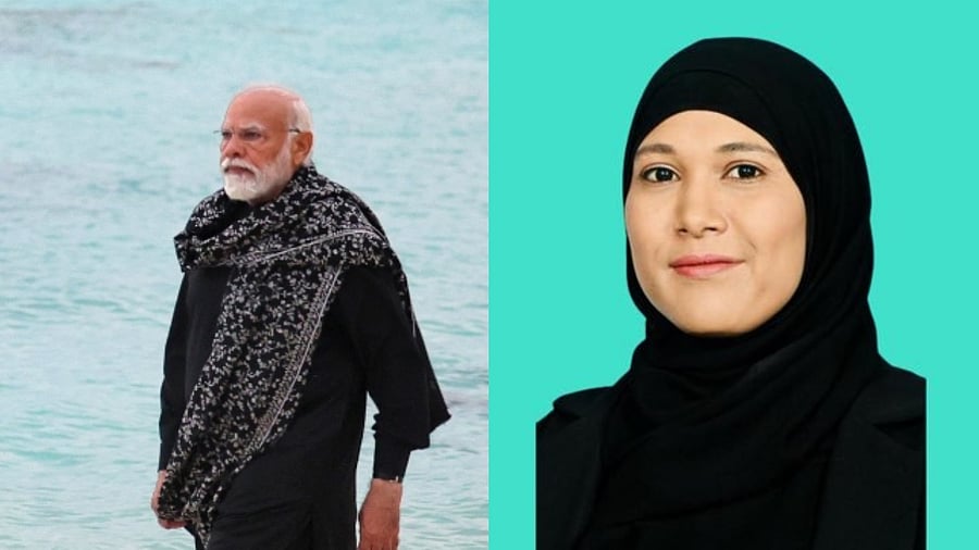 <div class="paragraphs"><p>PM Modi (L); Maldives minister Mariyam Shiuna. </p></div>