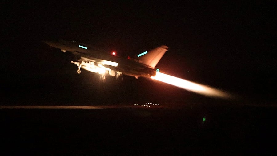 <div class="paragraphs"><p>An RAF Typhoon aircraft takes off to join the U.S.-led coalition from RAF Akrotiri to conduct air strikes against military targets in Yemen.</p></div>