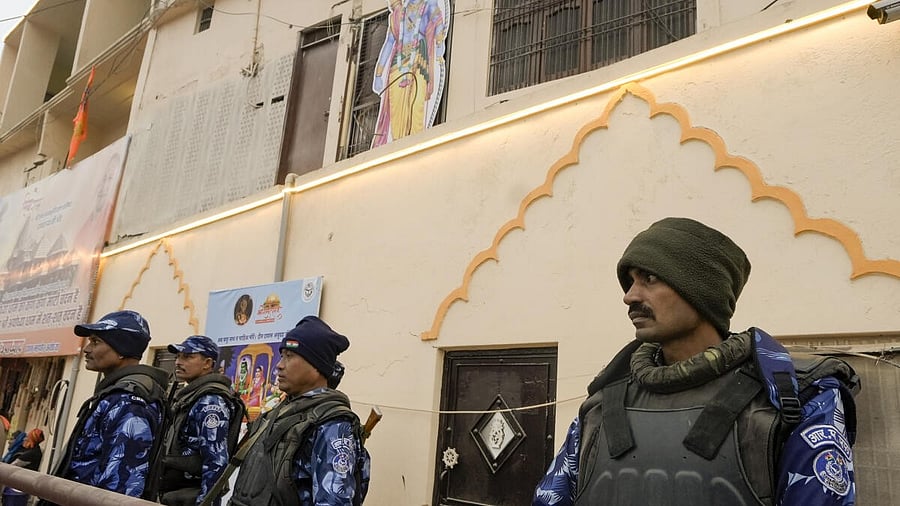 <div class="paragraphs"><p>Security personnel keep vigil ahead of the consecration ceremony of the Ram Mandir, in Ayodhya.&nbsp;</p></div>