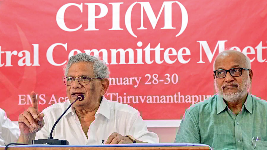 <div class="paragraphs"><p>Sitaram Yechury (left) addresses a press conference in Thiruvananthapuram.</p></div>