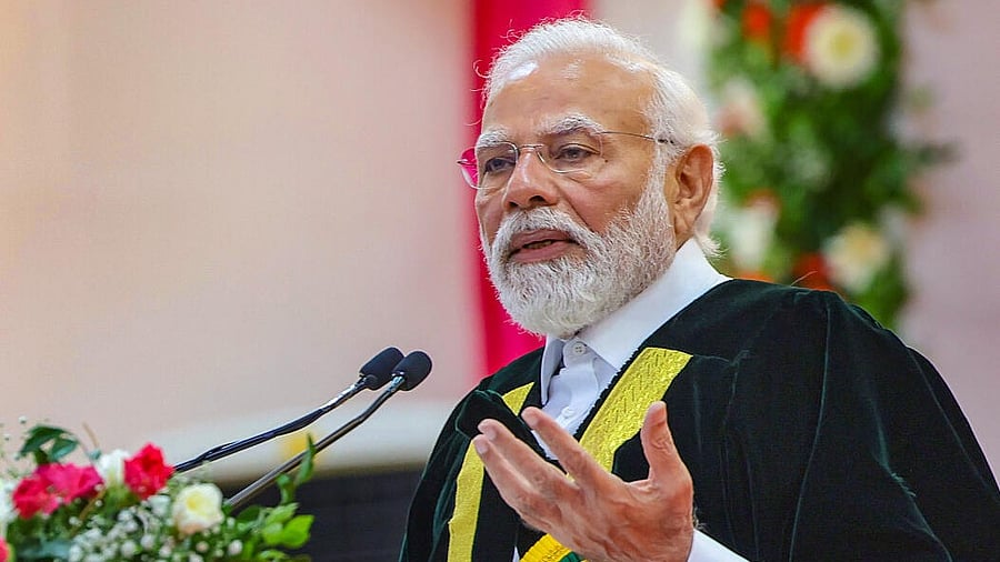 <div class="paragraphs"><p>Prime Minister Narendra Modi addresses during the convocation of Bharathidasan University, in Tiruchirappalli.&nbsp;</p></div>